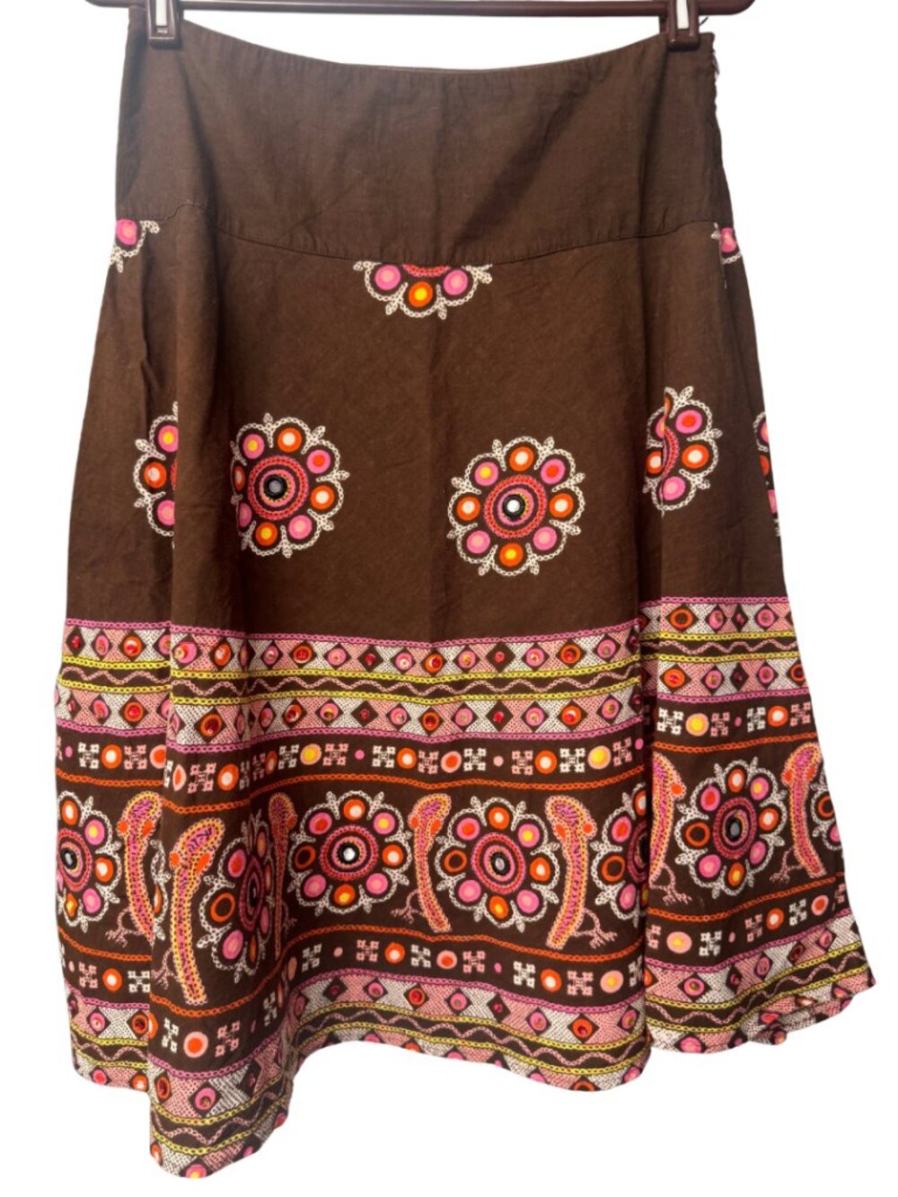 Costa Blanca Boho Print A-Line Skirt Small Beaded 100% Cotton Y2K Festival Women